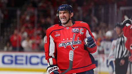 Alex Ovechkin #8 of the Washington Capitals celebrates after teammate Jakob Chychrun scored a goal against the Edmonton Oilers during the first period at Capital One Arena on February 23, 2025 in Washington, DC.