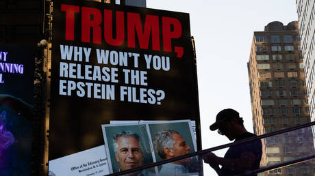 A billboard in Times Square calls for the release of the Epstein files on July 23, 2025 in New York.