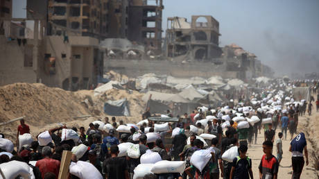 FILE PHOTO: Palestinians walk with sacks of flour delivered after trucks carrying humanitarian aid enter northern Gaza.