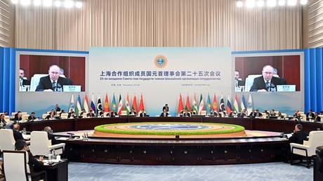 Russian President Vladimir Putin appears on a screen as he speaks during a plenary session of the Shanghai Cooperation Organization (SCO).