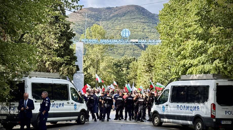 People protest against the visit of European Commission President Ursula von der Leyen in Sopot, Bulgaria, on August 31, 2025.