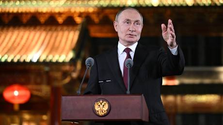 Russian President Vladimir Putin during his approach to media representatives at the Diaoyutai Residence in Beijing, China.