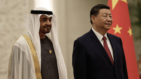 FILE PHOTO. Chinese President Xi Jinping and United Arab Emirates President Sheikh Mohammed bin Zayed Al Nahyan attend a welcome ceremony at The Great Hall of People on May 30, 2024 in Beijing, China.