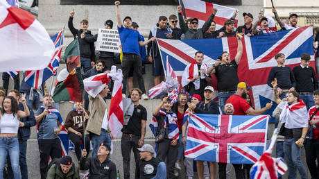 A ‘Charlie Kirk RIP’ message on a Union Jack flag at a rally in Trafalgar Square, London, September 13, 2025.