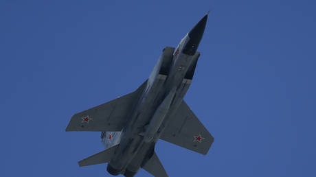 A Russian MiG-31k fighter plane during a Victory Day parade in Red Square on June 24, 2020.