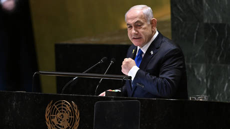 FILE PHOTO: Israeli Prime Minister Benjamin Netanyahu addressing the UN General Assembly.