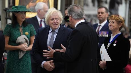 Boris Johnson at a thanksgiving event at Westminster Abbey in London, May 8, 2025.