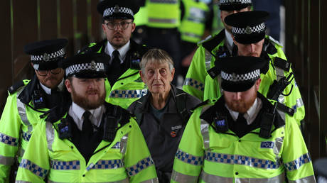 Police arrest a Palestine Action supporter outside the Labour Conference on September 28, 2025. Liverpool, England.