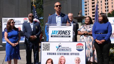 US Democrat Jay Jones speaks at a campaign event in Newport News, Virginia, on September 19, 2025