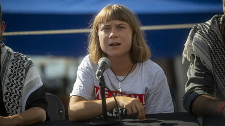 Activist Greta Thunberg during the press conference to the Global Sumud Flotilla at the Port of Barcelona on August 31, 2025, in Barcelona, Catalonia, Spain.
