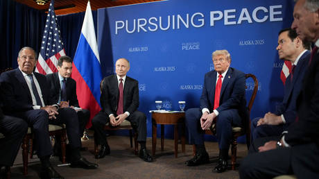 Russian President Vladimir Putin and US President Donald Trump hold a meeting at Joint Base Elmendorf-Richardson on August 15, 2025 in Anchorage, Alaska.