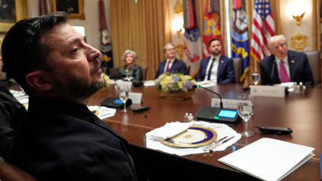 US President Donald Trump speaks with Vladimir Zelensky as White House Chief of Staff Susie Wiles, Treasury Secretary Scott Bessent and Vice President JD Vance listen at the White House, Washington, DC, October 17, 2025.