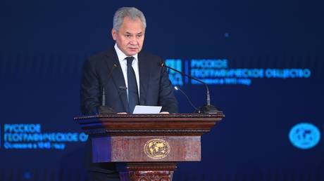 Sergey Shoigu, the secretary of Russia’s Security Council, speaks at an event in Moscow on October 23, 2025.