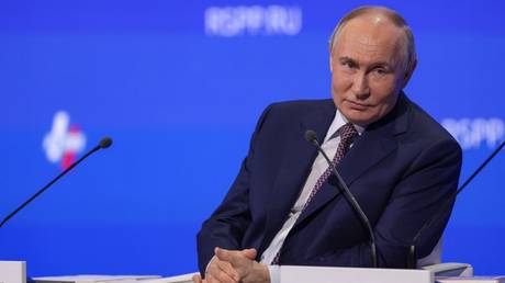 Russian President Vladimir Putin at the Russian Chamber of Commerce and Industry General Assembly in Moscow, Russia, March 18, 2025.