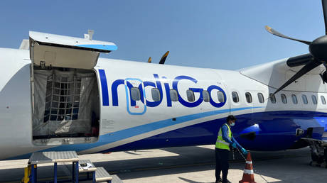 IndiGo Airlines airplanes at Indira Gandhi International Airport in Delhi, India, on April 24, 2024.
