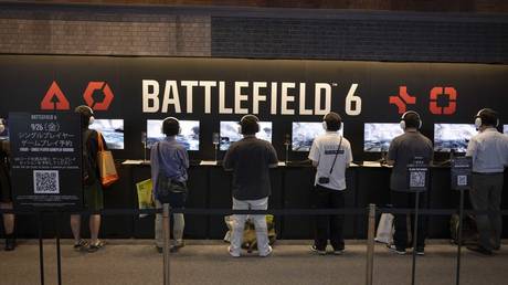 Visitors of the Tokyo Game Show 2025 play Battlefield 6 from Electronic Arts and Battlefield Studios, September 26, 2025