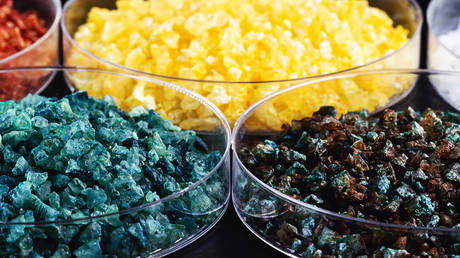 FILE PHOTO: molten chloride salts, crystals and crystallized rare earth sediments in petri dishes.