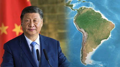 RT composite: Chinese President Xi Jinping (L); map of South and Central America (R).