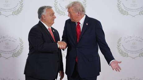 FILE PHOTO: US President Donald Trump greeting Hungarian Prime Minister Viktor Orban.