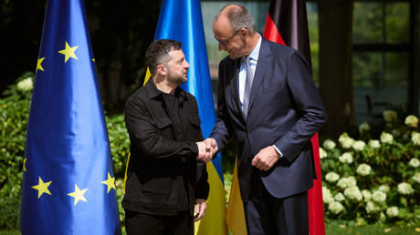 FILE PHOTO: German Chancellor Friedrich Merz shaking hands with Ukraine’s Vladimir Zelensky.
