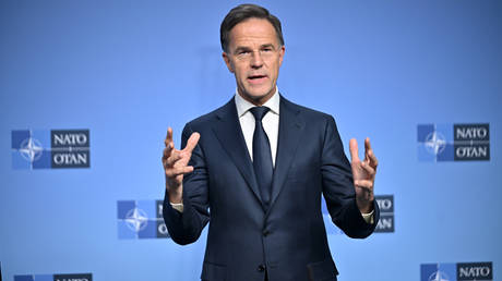 FILE PHOTO: NATO Secretary General Mark Rutte talking to journalists.