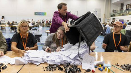 FILE PHOTO: Ballots being counted after a general election in the UK.