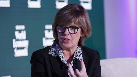 FILE PHOTO: Euroclear CEO Valerie Urbain at the Semafor World Economy Summit Fall Edition at Gallup HQ, Washington, DC. October 16, 2025.