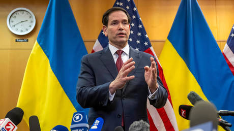 U.S. Secretary of State Marco Rubio talks to the press at the U.S. Mission to International Organizations in Geneva, Nov. 23, 2025.