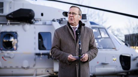 FILE PHOTO: German Defense Minister Boris Pistorius during the handover of the first NH90 Sea Tiger helicopter to the German Navy.