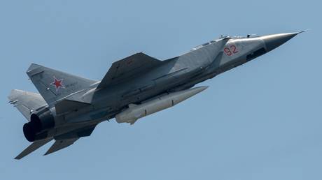 FILE PHOTO: A Russian MiG-31 fighter jet  armed with a Kinzhal hypersonic missile.