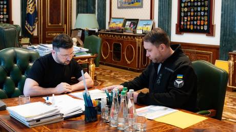 Ukraine’s Vladimir Zelensky during his meeting with military intelligence chief, Kirill Budanov, in Kiev.