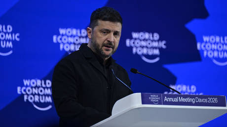 Ukraine’s Vladimir Zelensky delivering a speech at the World Economic Forum in Davos.