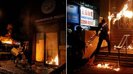 Protesters in Minneapolis, Minnesota, and Hong Kong © REUTERS/Carlos Barria and REUTERS/Leah Millis