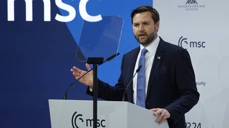 US Vice President J.D. Vance speaks at the 61st Munich Security Conference on February 14, 2025 in Munich, Germany.
