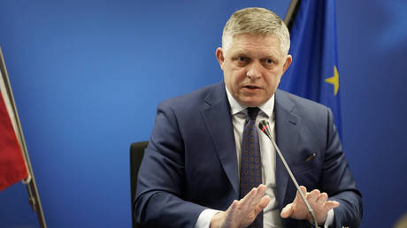 FILE PHOTO: Slovak Prime Minister Robert Fico at a press conference in Brussels, Belgium, March 20, 2025.