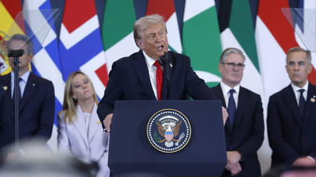 US President Donald Trump speaks while (L-R) Italy's Prime Minister Giorgia Meloni, British Prime Minister Keir Starmer, and Canadian Prime Minister Mark Carney listen during a summit of European and Middle Eastern leaders on Gaza, October 13, 2025, Sharm El-Sheikh, Egypt.