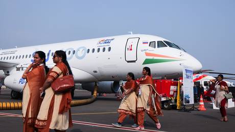 A SJ-100 passenger aircraft is on display during the Wings India 2026 in Hyderabad, India.