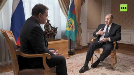 Russian Foreign Minister Sergey Lavrov giving an interview to RT’s Rick Sanchez.