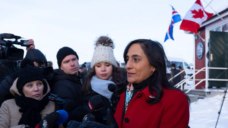 Canadian Foreign Minister Anita Anand speaks to reporters after opening a consulate in Nuuk, Greenland, February 6, 2026.